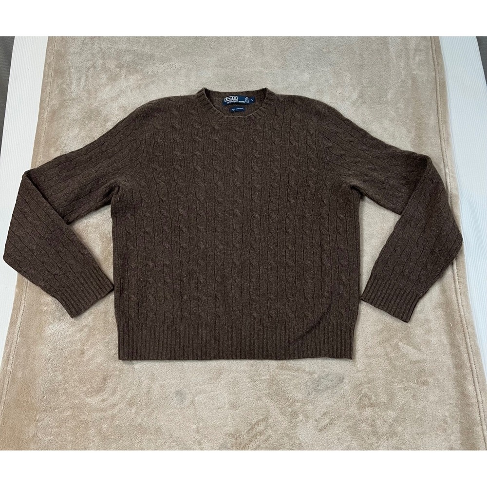 Polo Ralph Lauren Mens Vintage 100% Cashmere Cable Knit Sweater L Brown L/S